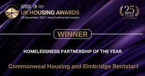 An graphic stating that Commonweal Housing and Rentstart won Homelessness Partnership of the Year at the 2021 UK Housing Awards